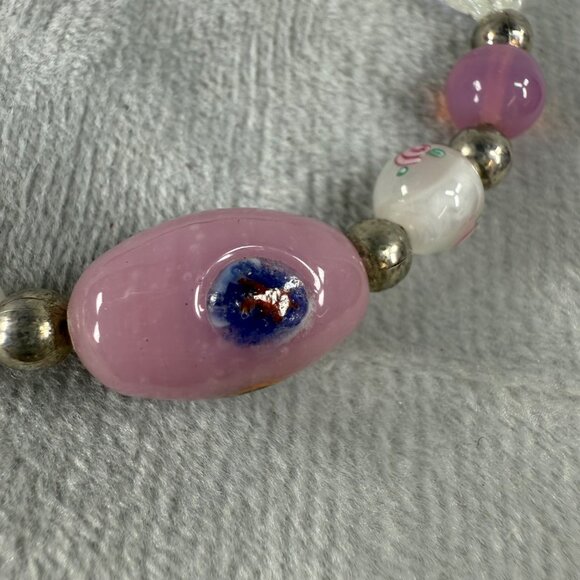 Vintage Glass Bead Bracelet With Toggle Closure & Pink White Silver Accents - Picture 5 of 16